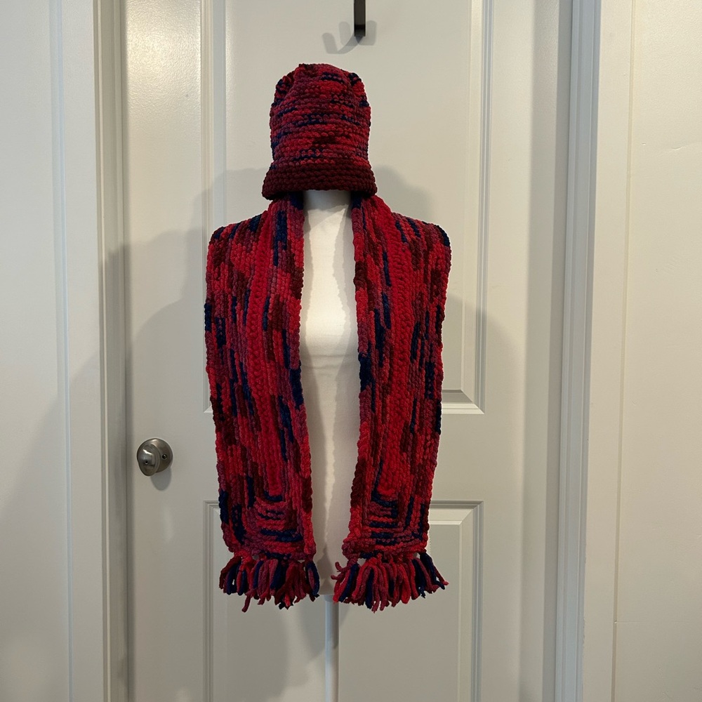 Hand Crafted Red and Blue Scarf and Hat Set